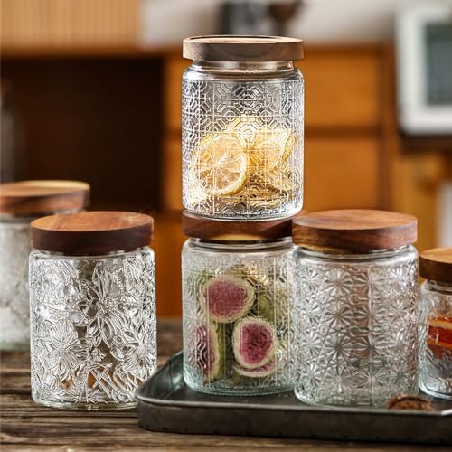 Vintage Glass Jars with Wooden Lids, 6 Pack 24 oz Airtight Glass Food