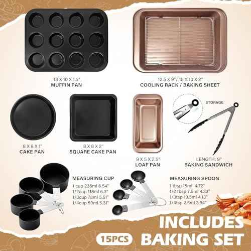 26pcs Nonstick Baking Pans Set Carbon Steel, Muffin Pan with Silicone Cups, Cooling Rack, Round & Square Cake Pans, Measuring Cups & Spoons, Bakeware Sets for Beginners, Renters & Home Bakers