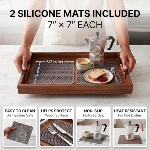 Acacia Wood Serving Tray with 2 Silicone Mats & Handles, 16.5"x12"