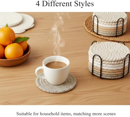 Drink Coasters Set of 8 with Holder, Cotton Woven