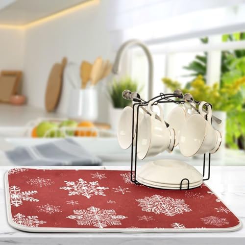 OTVEE Snowflake Red Aesthetic Dish Drying Mat for Kitchen Counter