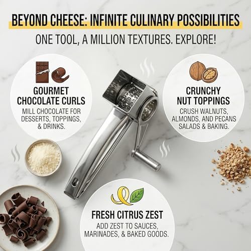 Rotary Cheese Grater with Handle, Professional Grade Stainless Steel