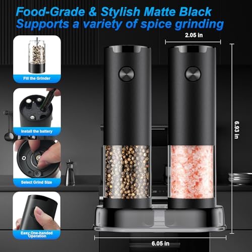 Electric Salt and Pepper Grinder Set, 2 Pack, Black/Black