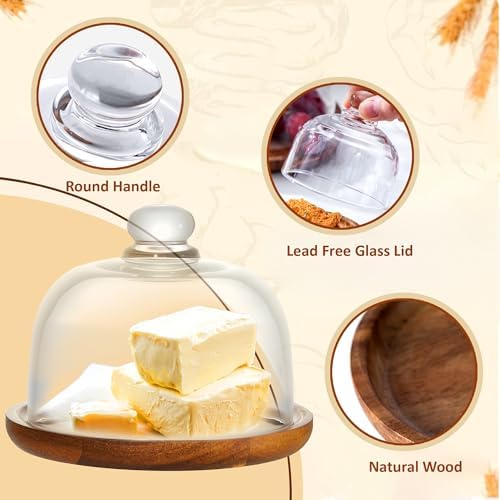 Glass Butter Dish with Lid, Clear Domed Cheese Dish with Handle-6 inch