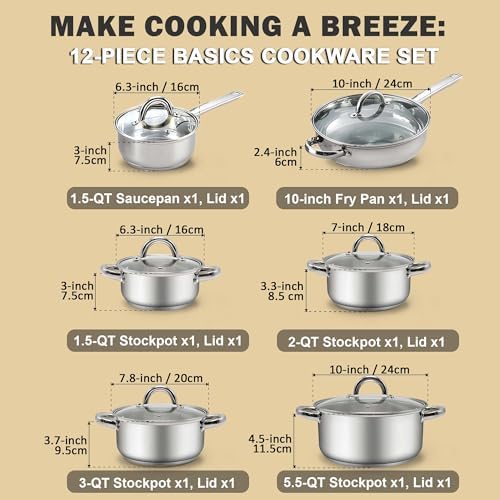 Cook N Home 12-Piece Stainless Steel Pots and Pans Kit, Silver Handle
