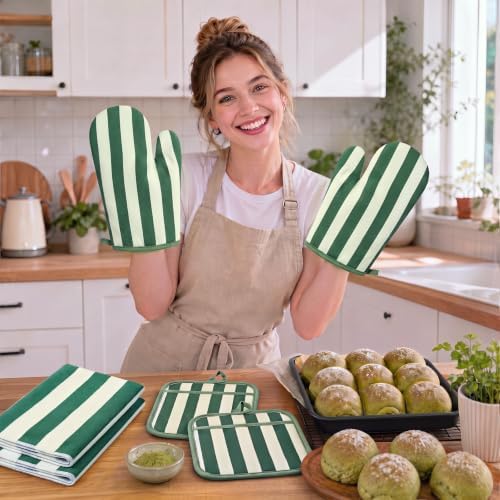 6 Pcs Matcha Green Striped Oven Mitt Pot Holder Towel Set