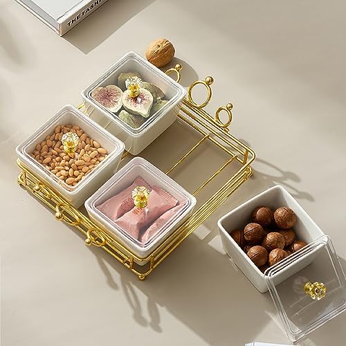 YA JU Ceramic Bowls and with Lid Gold Basket Trays, 3 Removable Small