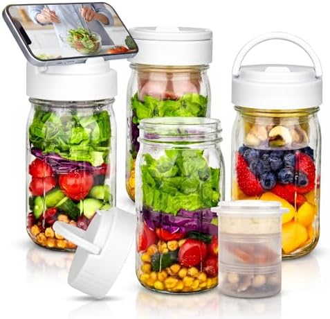 32oz Glass Salad Jars 4 pc, Meal Prep Containers with Handle 3 Divider