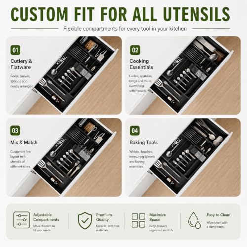 Bamboo Expandable Kitchen Drawer Organizer, 17.8-30 in,Black