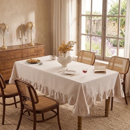 60 x 120 in Farmhouse Ruffle Striped Tablecloth, Cream Brown, Striped