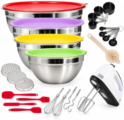 7-Speed Electric Hand Mixer,4 Large Stainless Steel Mixing Bowls Set