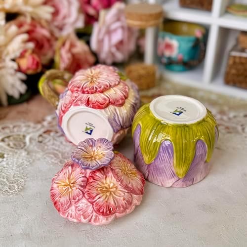 Floral Ceramic Sugar & Creamer Set - 3D Hand-Painted Cherry Blossom