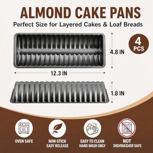 Peohud 4 Pack Almond Cake Pans, Non-Stick Bread Loaf Pan, Carbon Steel