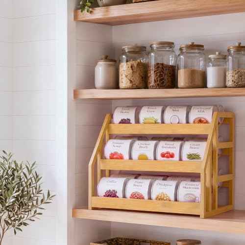 HOMESTEAD Bamboo Can Organizer for Pantry - 3 Tier Rack with Adjustable Dividers, Gravity Feed Canned Goods Organizer, 36 Cans Soda Storage