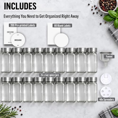 Deco haus Glass Spice Jars with Label 24x4oz - Spice Containers +280