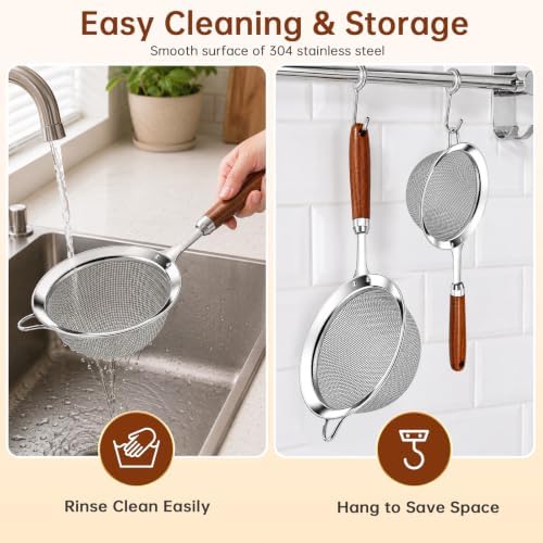 Fine Mesh Strainer Set, 30 Mesh 304 Stainless Steel Kitchen Sieve with
