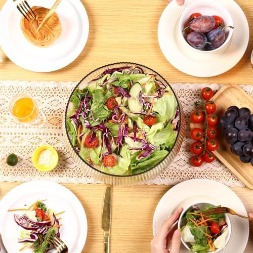 Extra Large Salad Bowl Set with Wood Base, Ribbed Glass Salad Bowl
