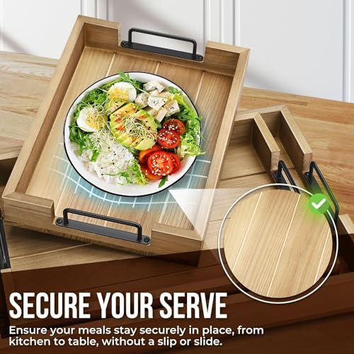 Flexzion Rustic Wooden Serving Trays Set of 3 with Handles, Stackable