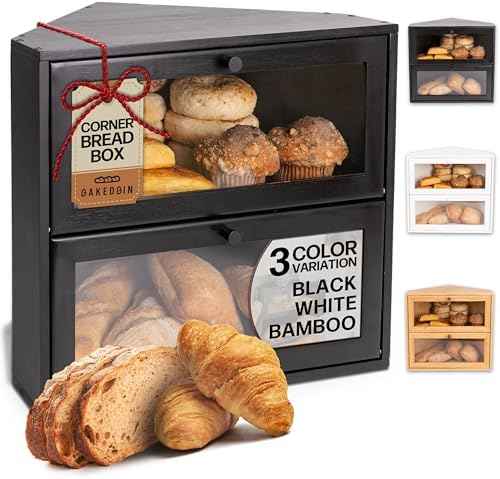 Corner Bread Box for Kitchen Countertop - New 2026 Airtight Design - Extra Large, Double Layer Black BreadBox, Vintage Storage for Homemade Bread, Under Cabinet Organizer