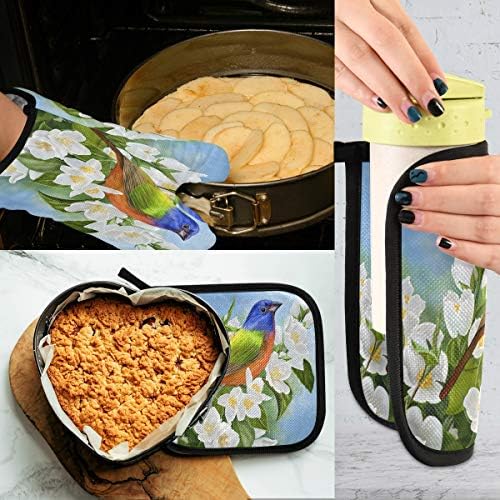 QMXO Large Bright Bird Flower Oven Mitts Quilted Cotton Lining