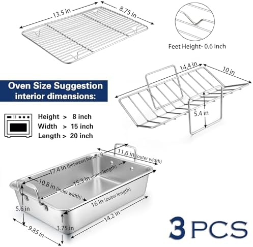 P&P CHEF 16" Roasting Pan with Racks, Stainless Steel Roaster Turkey