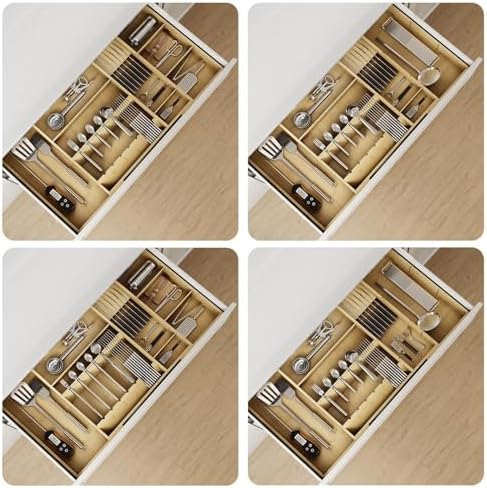 Bamboo Silverware Drawer Organizer, 17.72-29.53 Inch Expandable Large Kitchen Drawer Organizer, 5-8 Slot Flatware with Removable Card Slots & Knife Block for Spoon Butter Knive, Natural