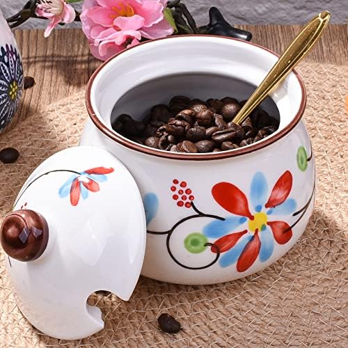 Ceramic Sugar Bowl with Lid and Spoon, 10.8 OZ Floral Sugar Jar