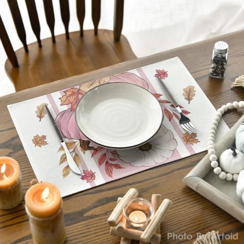Artoid Mode Pink Pumpkin Maple Leaf Fall Placemats Set of 4-12