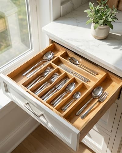 Expandable Bamboo Silverware Drawer Organizer – Adjustable 21" Wide