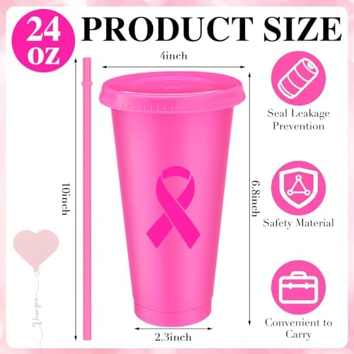 12 Pcs Breast Cancer Awareness Tumblers with Lids and Straws 24 oz