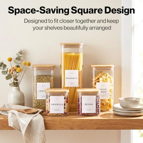 Glass Pantry Storage Jars Containers with Bamboo Lids and Labels - Set