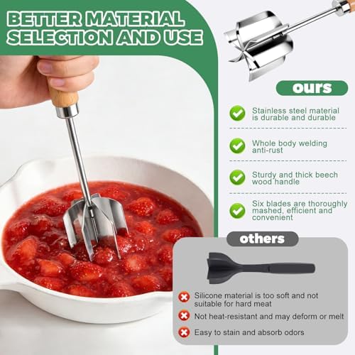 304 Stainless Steel Meat Chopper & Masher - Heavy Duty 6 Curve Blades