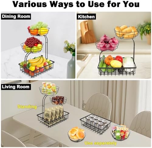 3 Tier Countertop Fruit Vegetable Basket Bowl Storage, Solid Metal Kitchen Counter Organizer for Storing Fruits, Veggies, Bread, Snacks (Black)