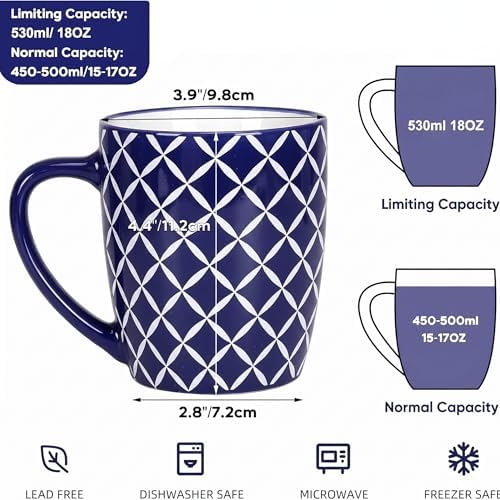 18 OZ Coffee Mugs Set of 6, Geometric Porcelain Large Mug for Man