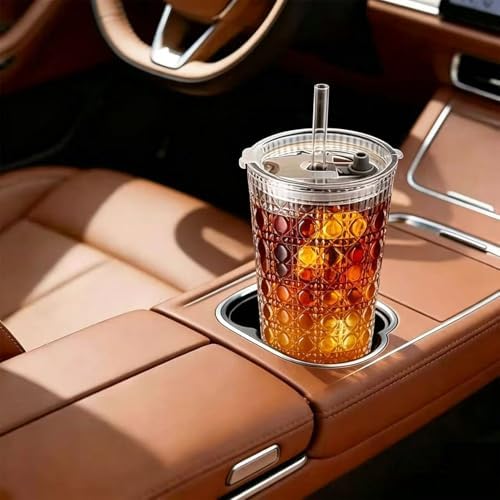 YUN TAO 16 oz Glass Cups with Lids and Straws, Set of 4 Clear Embossed