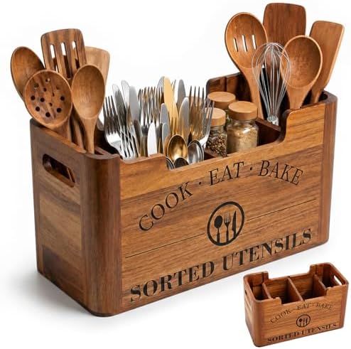 Upgraded Large 4-Compartment Acacia Wood Kitchen Utensil Holder