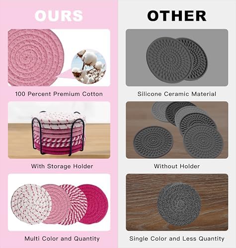 8 Pack Pink Coasters for Desk, Cute Coaster Set, Absorbent Drink