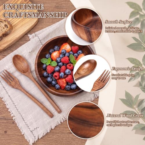 12 Pcs Acacia Wooden Dinnerware Set, 4 Pcs Salad Bowl with Serving