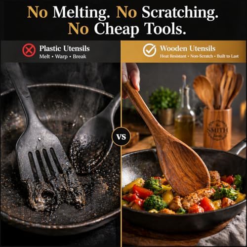 Personalized 9-Piece Natural Teak Wood Utensil Set