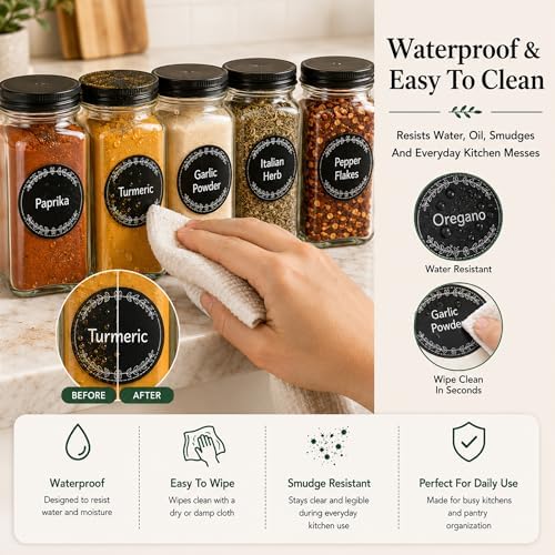 665 Spice Labels Book with A-Z Index, Black Round Pantry Stickers