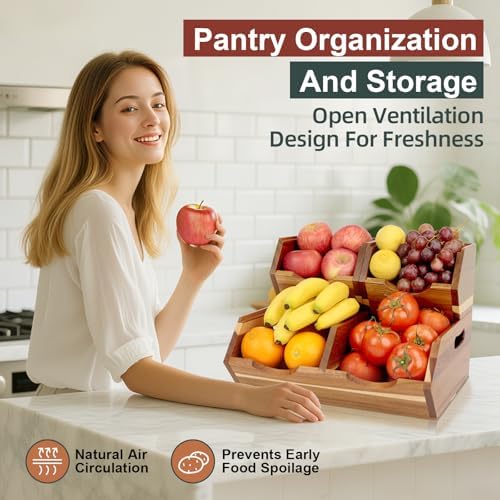 Acacia Wood Pantry Storage Bins, Stackable 3-piece set