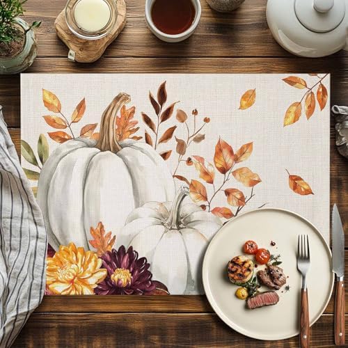 Pumpkin Maple Leaf Fall Placemats Set of 6, Cotton Linen Thanksgiving