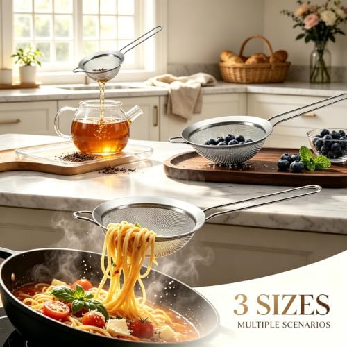 Fine Mesh Strainer Set of 3 - Stainless Steel Sieve with Handles for