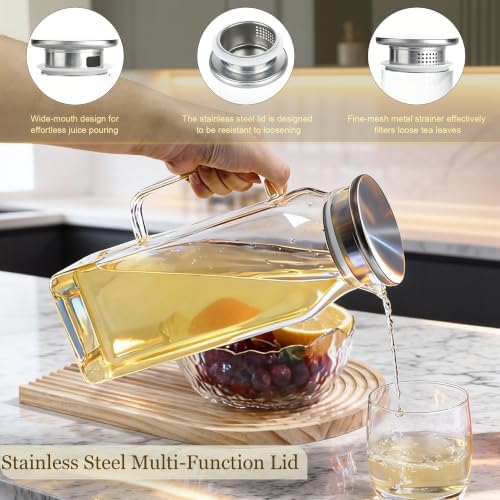 2 Pack 2L/68oz Square Glass Pitchers with Handle and Lid, Borosilicate