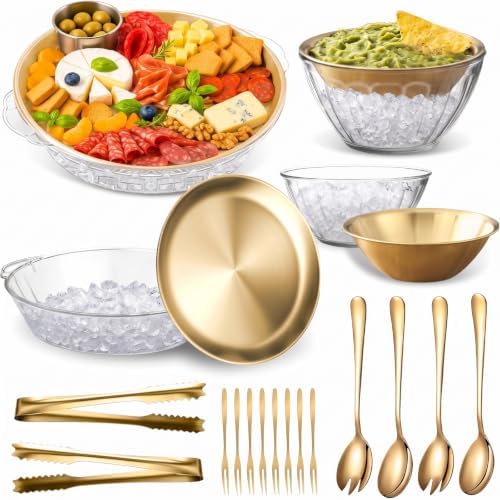 4 Set Gold Chilled Serving Tray and Dip Bowl for Parties, Chilled