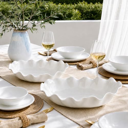 DOWAN Ceramic Serving Bowls Set of 2, Large Serving Dishes for Party Entertaining, 12" & 16" Oval Decorative Bowls for Salad Fruit Pasta - White