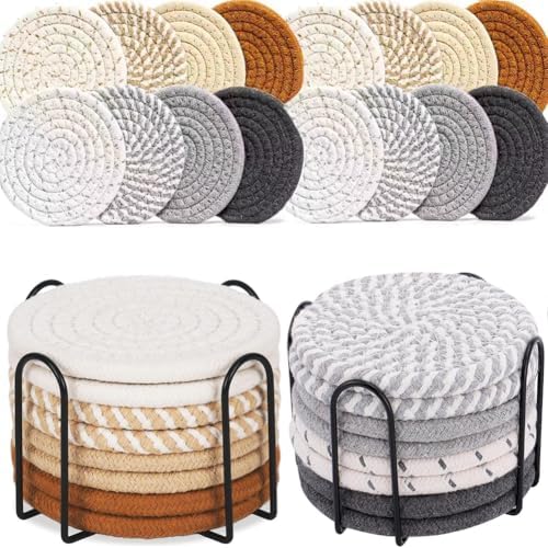 Cotton Drink Coasters with Metal Holder, 16 Pcs Boho Woven Absorbent