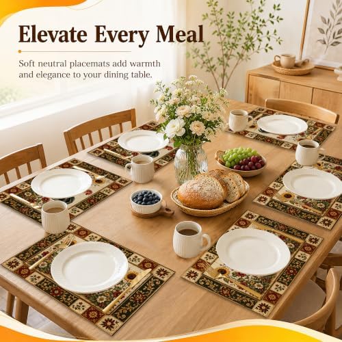 Linen Placemats Set of 6, Farmhouse Rooster Sunflower Floral