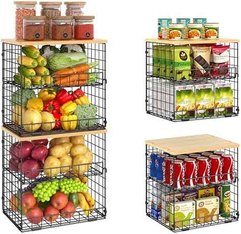 4 Pack Stackable Wire Pantry Baskets with Wooden Tops