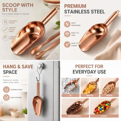 Rose Gold Stainless Steel Ice Scoop Set with Clip & 2 Hooks for
